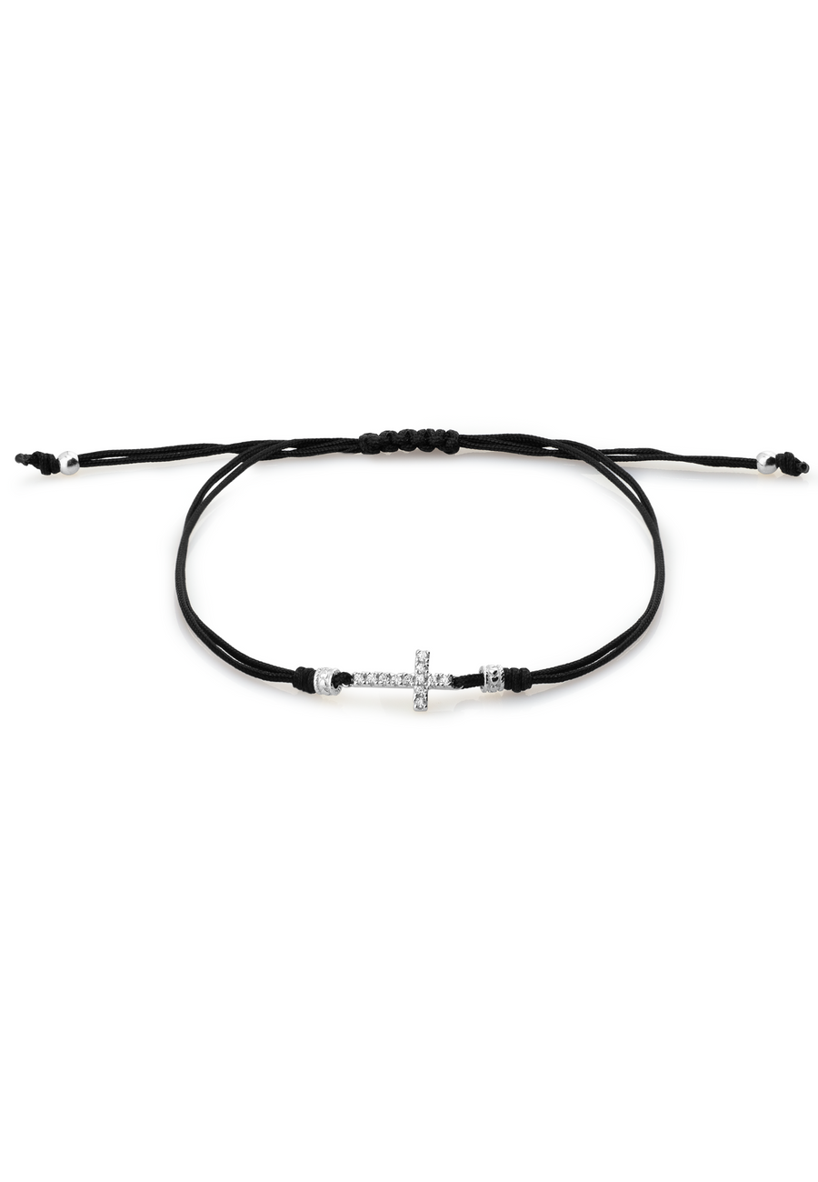 Pulsera cordón negro y CRUZ de circonitas en plata