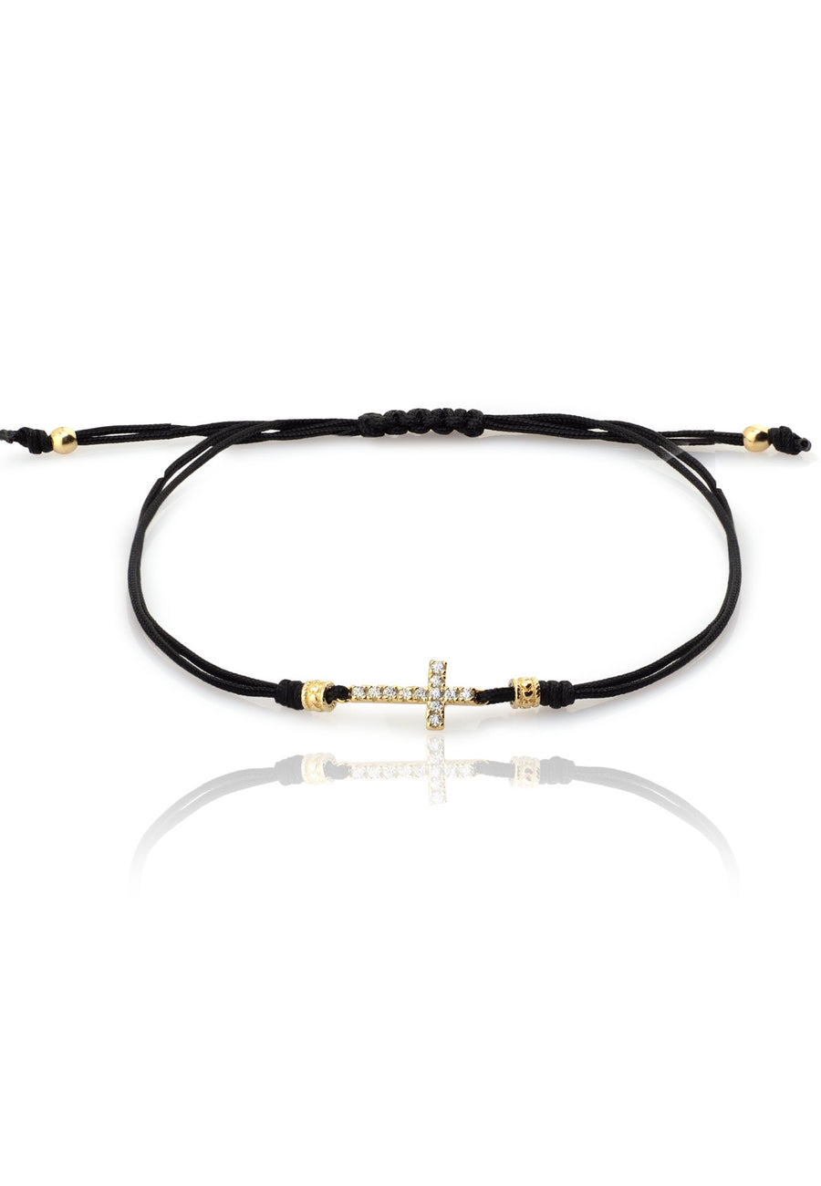 Pulsera cordón negro y CRUZ de circonitas en plata y baño oro
