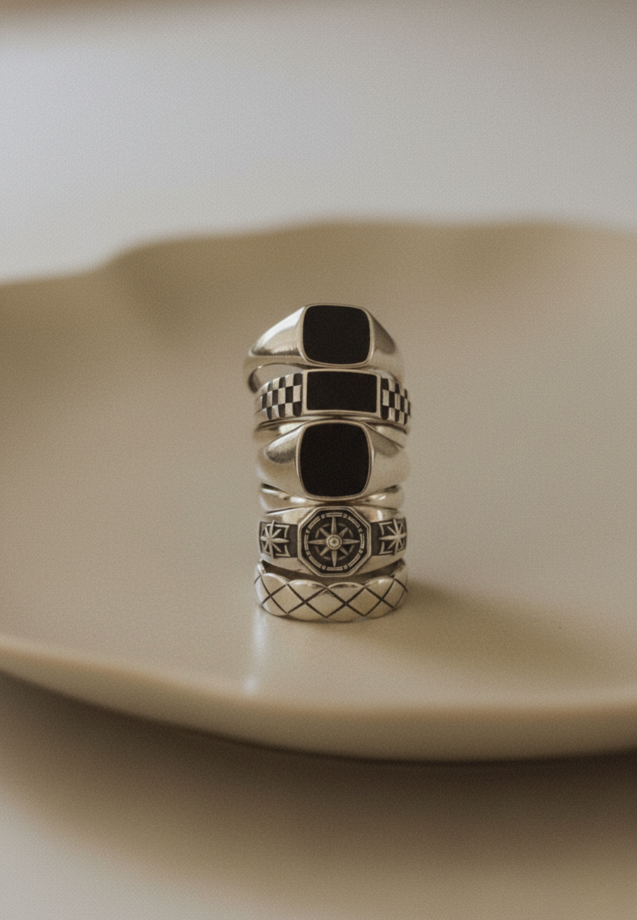 Anillo Brújula de plata de ley 925 para hombre tamaño ajustable