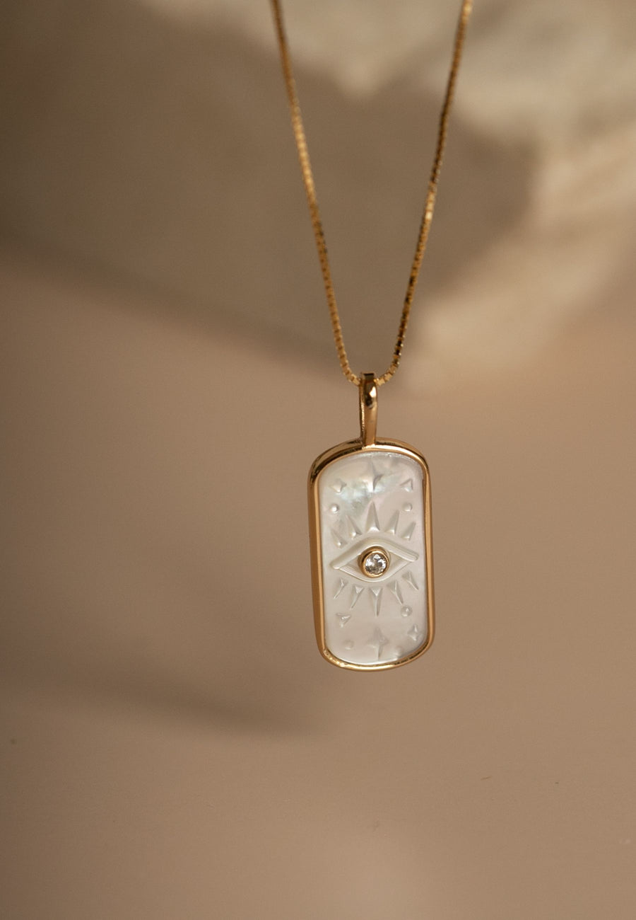Collar de plata rectangular con OJO en NACAR plata de ley y baño de oro