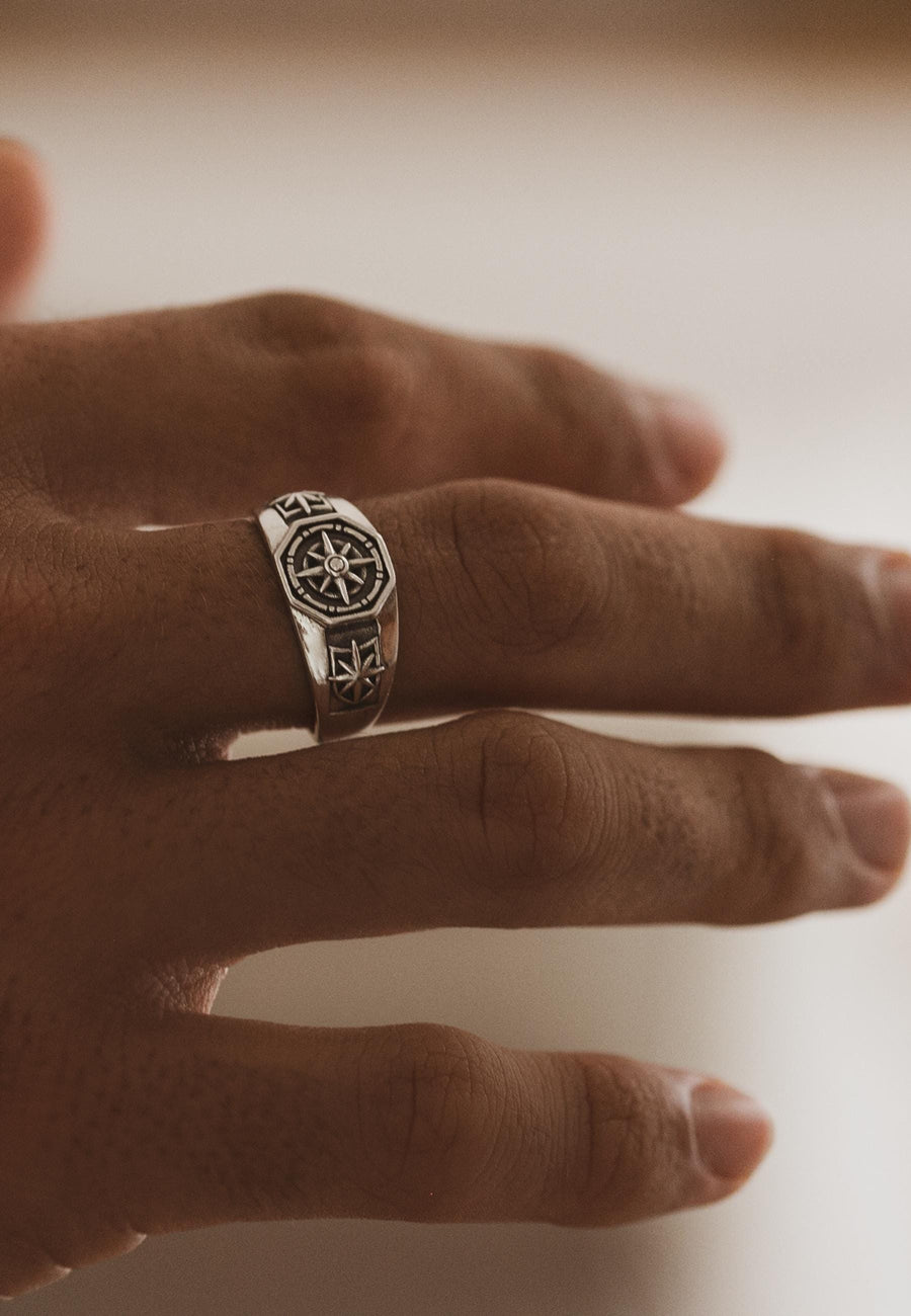 Anillo Brújula de plata de ley 925 para hombre tamaño ajustable