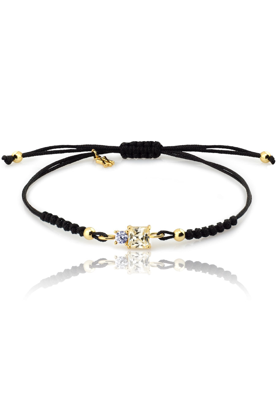 Pulsera de hilo negro LAVANDA GLD. Plata de ley, zirconita, baño oro.