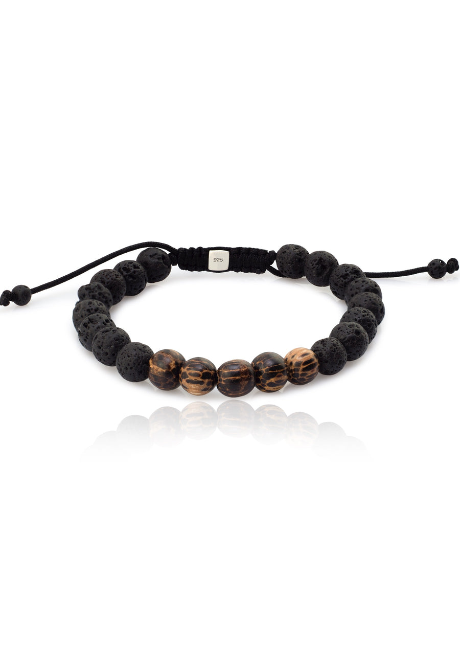 THE ROCK. Pulsera hombre, piedra volcánica, madera, plat de ley.